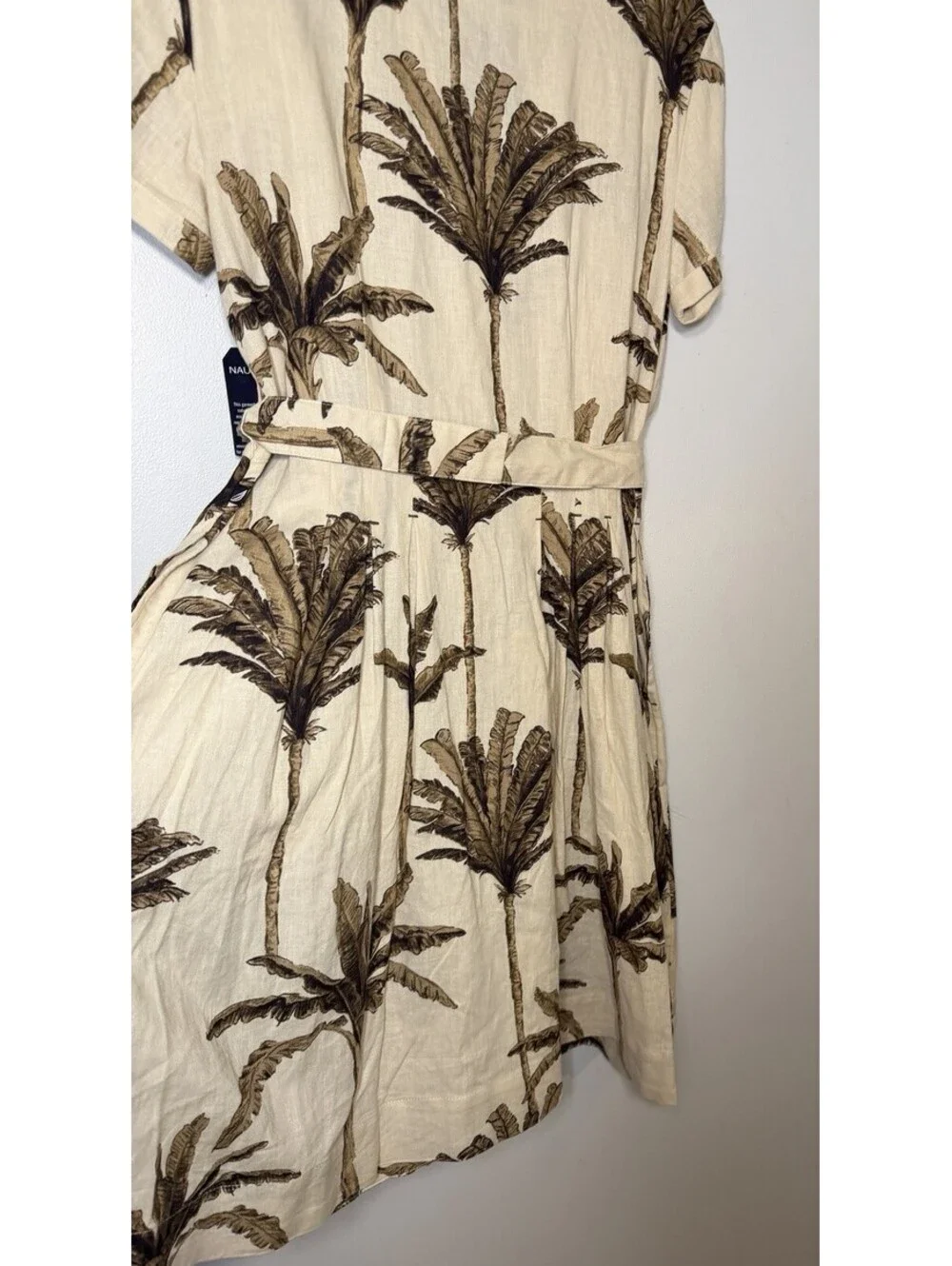 NWTS Nautica Beige Palm Frond Print Short Sleeve Shirt Dress Vneck Small Coastal